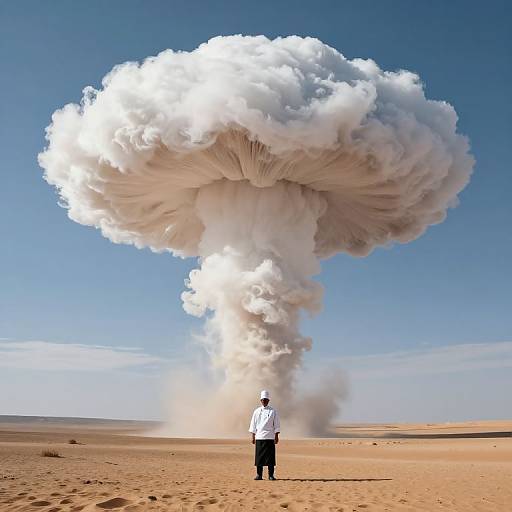 Photograph of a man in white shirt and black pants standing in a desert, facing massive, mushroom-shaped cloud of smoke.
