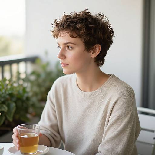 Photograph of a young woman with short, curly brown hair, wearing a light gray sweater, sitting outdoors, holding a glass of iced tea,