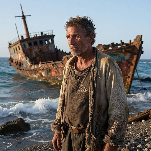 Photograph of a rugged, weathered man with gray hair and beard, wearing a patterned, tattered robe, standing in front of a rust