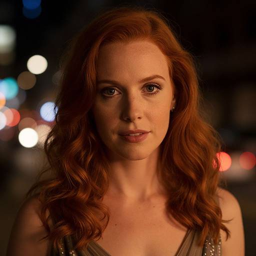 Photograph of a fair-skinned, red-haired woman with wavy hair, wearing a sleeveless top, against a blurred city night background with colorful
