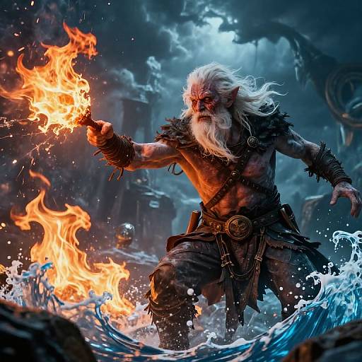 Digital illustration of an angry, muscular, white-bearded old man with glowing orange fire in his hand, standing in turbulent blue waves, wearing dark,