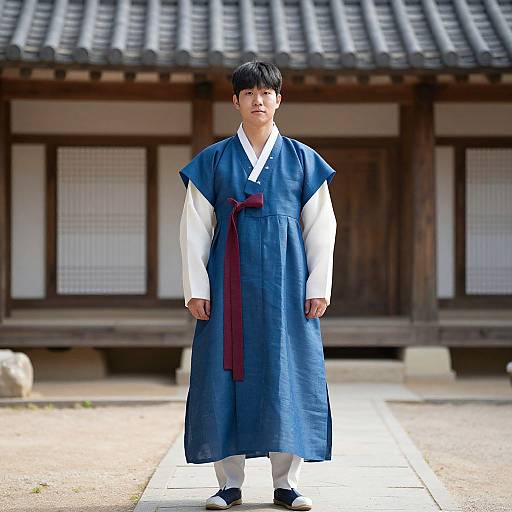 Photograph of a young Asian man in traditional blue Korean hanbok with white inner garments, standing in front of a traditional wooden building with a tiled
