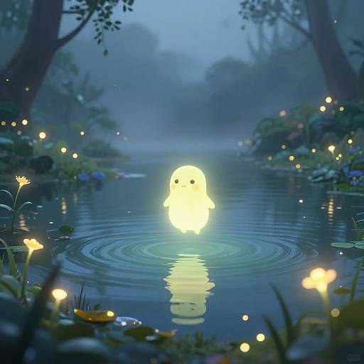 Digital illustration of a glowing, cute ghost with small eyes, standing in a tranquil, moonlit forest pond surrounded by fireflies and illuminated flowers.