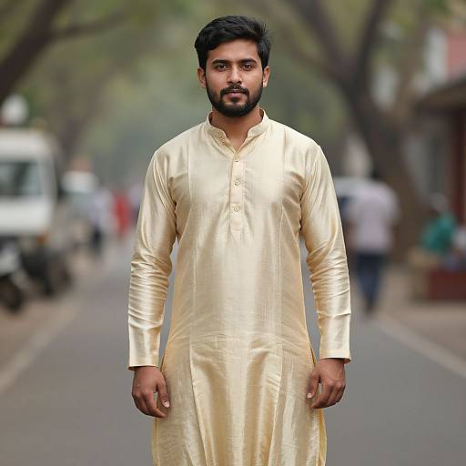 Photograph of a bearded South Asian man with dark hair, wearing a shiny gold traditional long kurta, standing confidently on a blurred urban street with