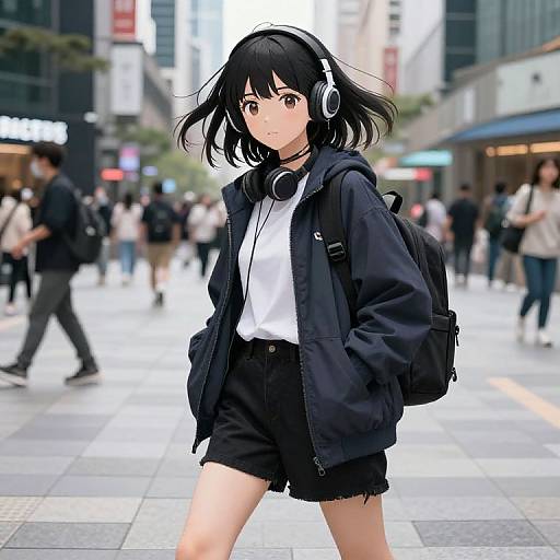 Anime-style digital drawing of a black-haired girl with headphones, black jacket, white shirt, and shorts, walking in a bustling city street.
