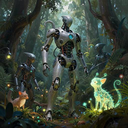 Digital fantasy artwork of three metallic robots in a lush, magical forest, surrounded by glowing fireflies, a cat, and a luminescent creature.