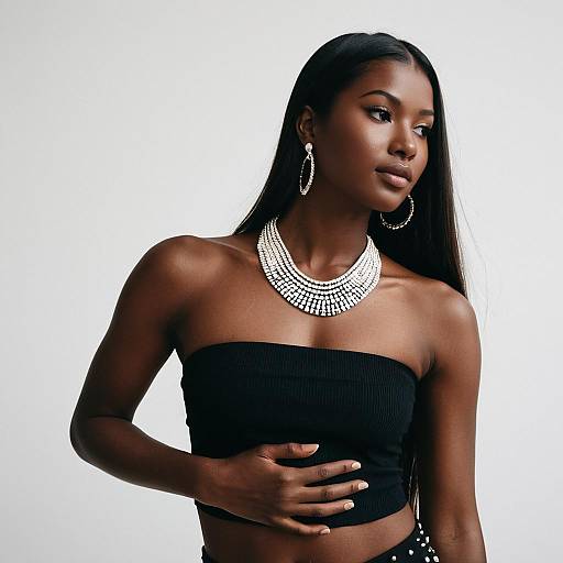 Elegant Dark-Skinned Woman in Black Bandeau Top