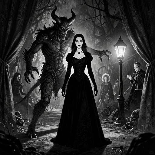Digital gothic artwork: A dark-haired woman in a black gown stands confidently in a moonlit forest, surrounded by menacing, horned creatures and a