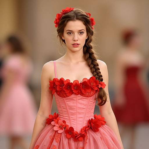 Photograph of a beautiful woman with long brown hair in a red flower crown, wearing a pink corset dress adorned with red flowers, standing in a