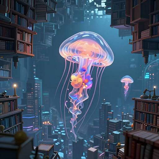 Digital artwork of a glowing jellyfish hovering above a futuristic cityscape filled with book-filled skyscrapers, dimly lit windows, and another jellyfish