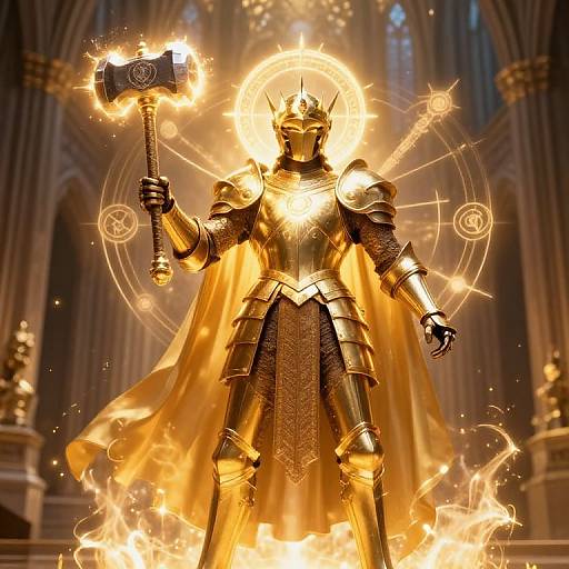 Golden, glowing knight in elaborate armor holds a flaming hammer, standing in a fiery, cathedral-like setting. Digital art with radiant, magical effects.