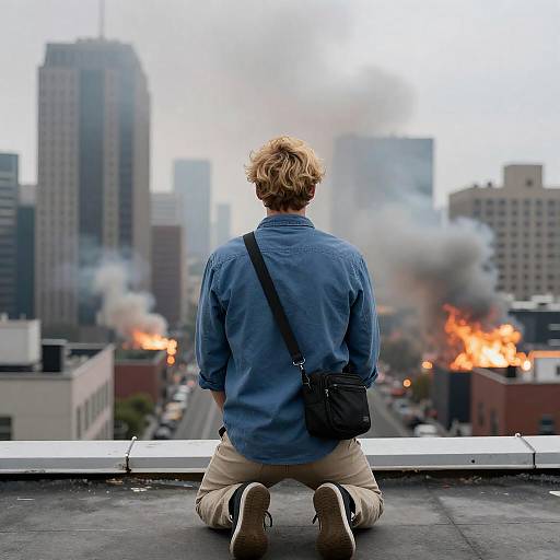 Man Kneeling on Rooftop Overlooking City Fire