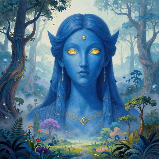 Digital fantasy artwork of a blue-skinned, ethereal woman with glowing yellow eyes, long blue hair, and golden jewelry, standing in a mystical forest