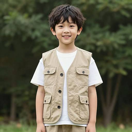 Boy in Khaki Vest Among Trees