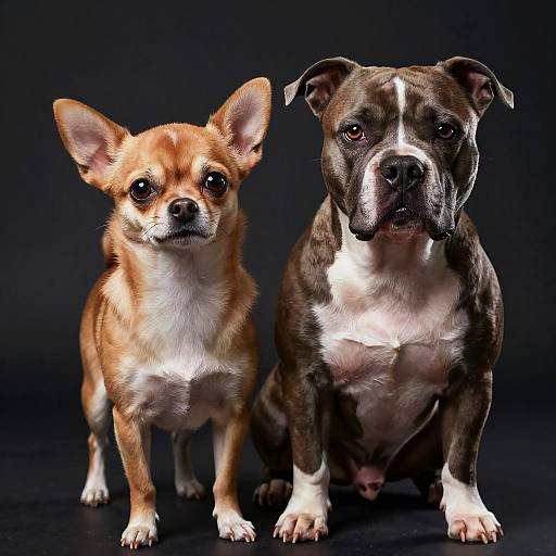 Photograph of a small, tan and white Chihuahua with large ears standing beside a muscular, brown and white American Pitbull Terrier against