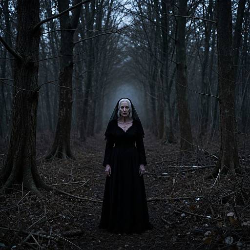 Photograph of a pale, eerie nun in a black habit and dress standing in a dark, foggy, forest path with bare trees.