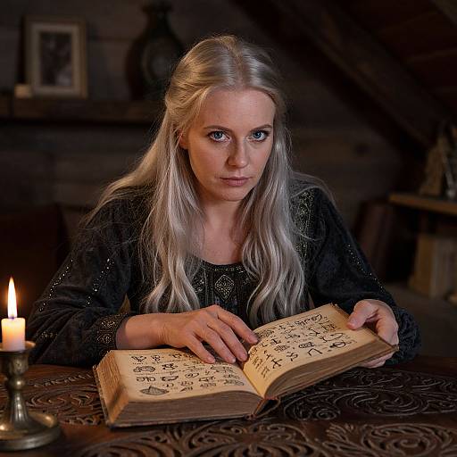 Photograph of a blonde woman with blue eyes, wearing a black embroidered dress, studying an ancient illuminated manuscript by candlelight in a dimly lit,