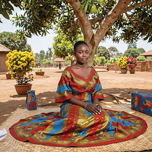 Photograph of a Black woman with dark skin, in a vibrant, gold, red, and blue patterned traditional dress, seated under a tree in