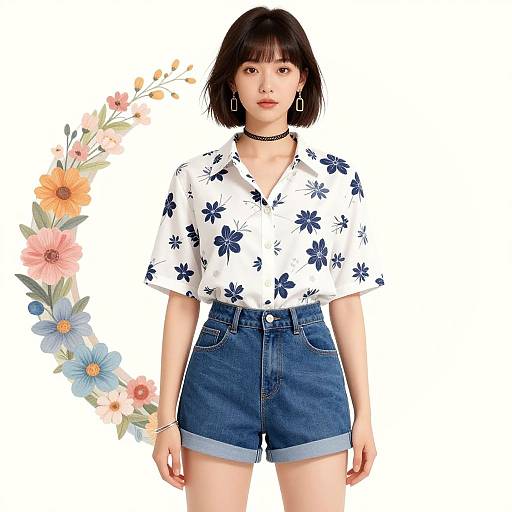 Photograph of an Asian woman with short black hair, wearing a white floral shirt, blue high-waisted shorts, black choker, and hoop