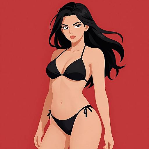 Digital anime-style drawing of a black-haired woman with long hair, wearing a black bikini, against a solid red background. She has a confident expression and