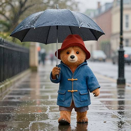 Photograph of a cute, plush teddy bear with brown fur, wearing a blue coat and red hat, holding a black umbrella in a rainy city