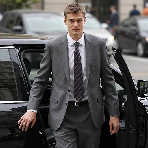 Confident Businessman Exiting Black Car