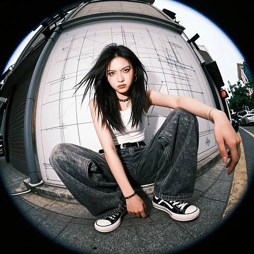 Photograph of a young woman with black hair, wearing a white tank top, dark jeans, and black Converse sneakers, crouching on a