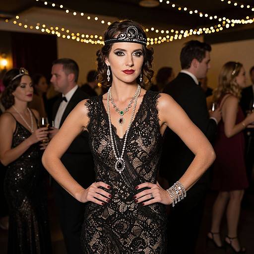 Photograph of a glamorous woman in a black lace dress, tiara, and jewelry, hands on hips, surrounded by dimly lit partygoers