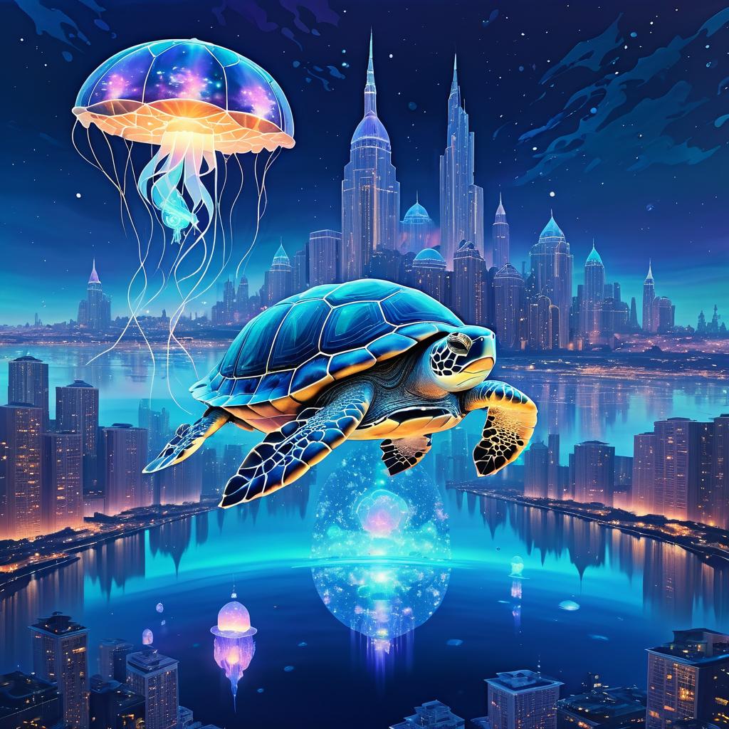 Surreal Floating Turtle Above Twilight Cityscape