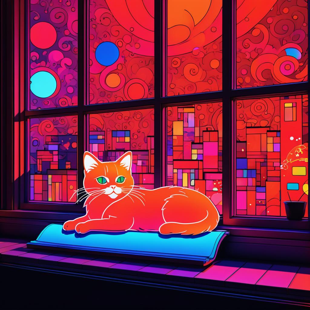 Neon Cat on Windowsill Artwork