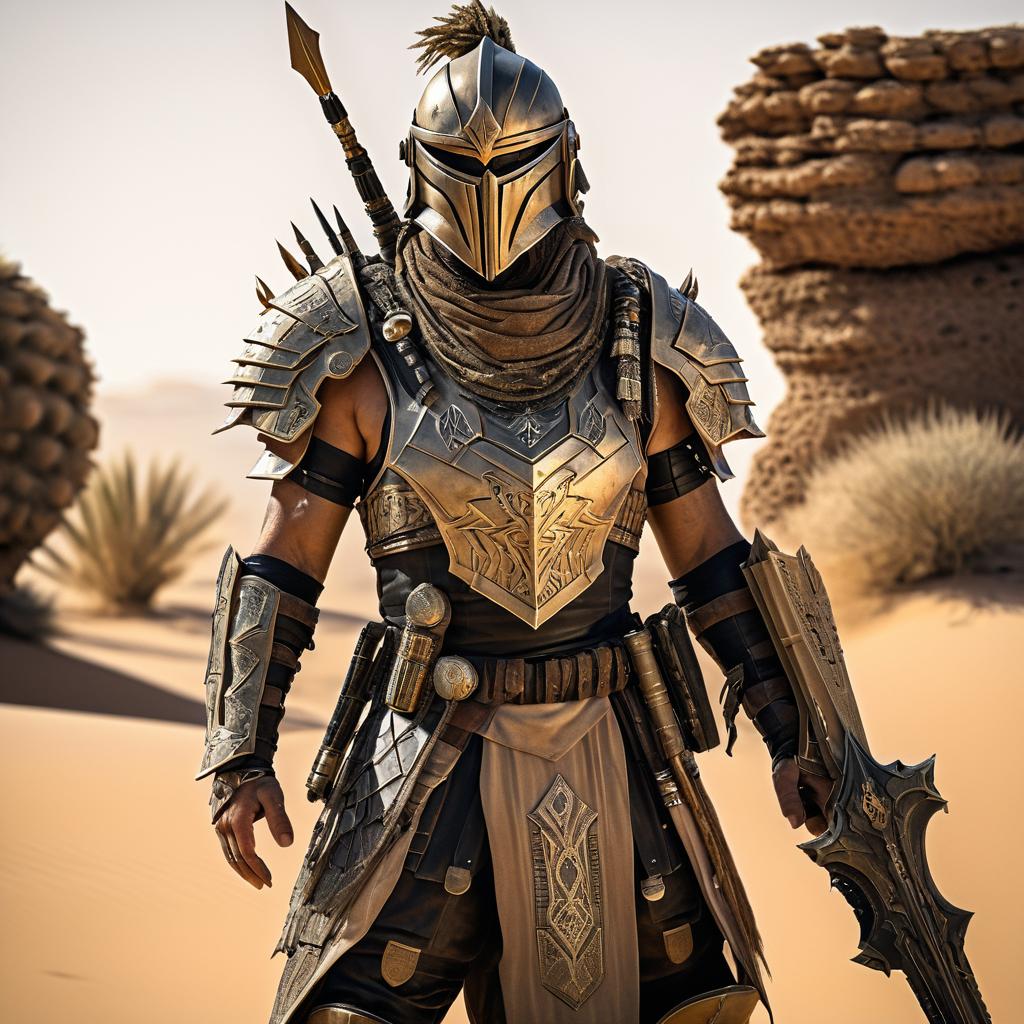 Epic Desert Warrior in Post-Apocalyptic Scene