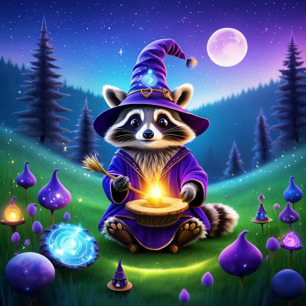 Magical Racoon in a Twilight Meadow