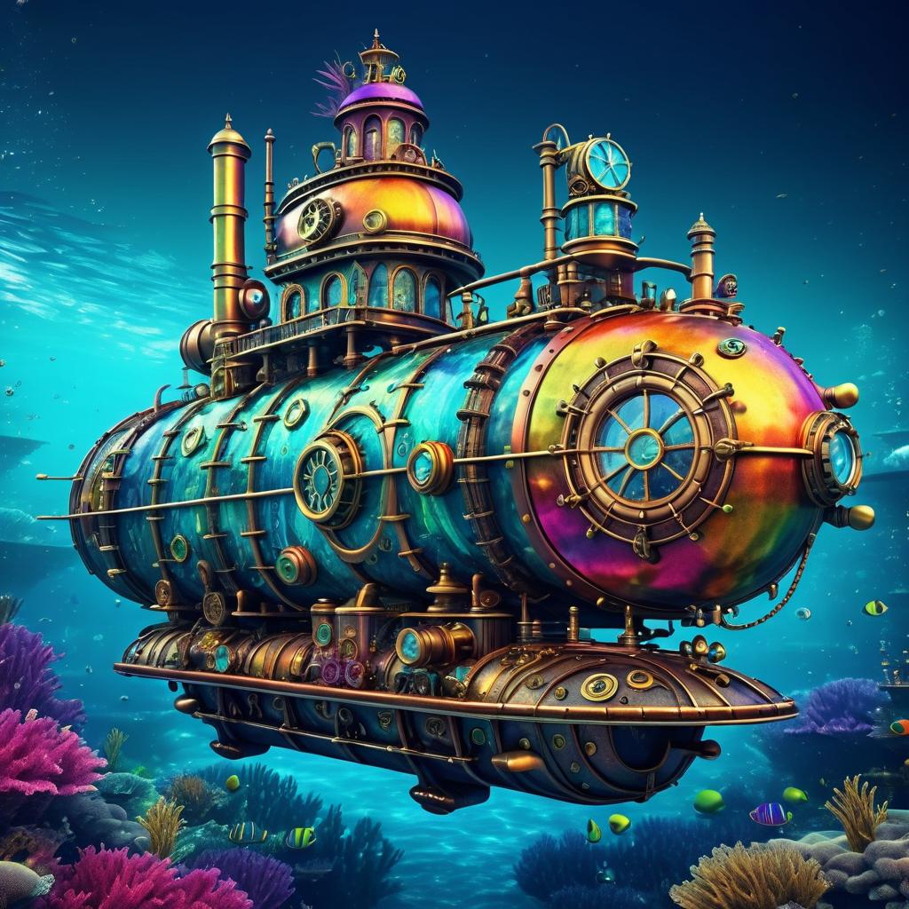 Vibrant Steampunk Submarine in Fantasy Ocean