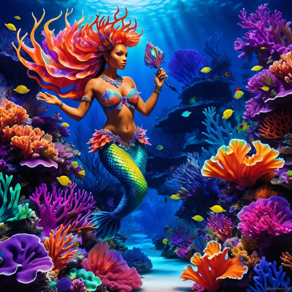 Vibrant Coral Reef with Hybrid Mermaid-Satyr