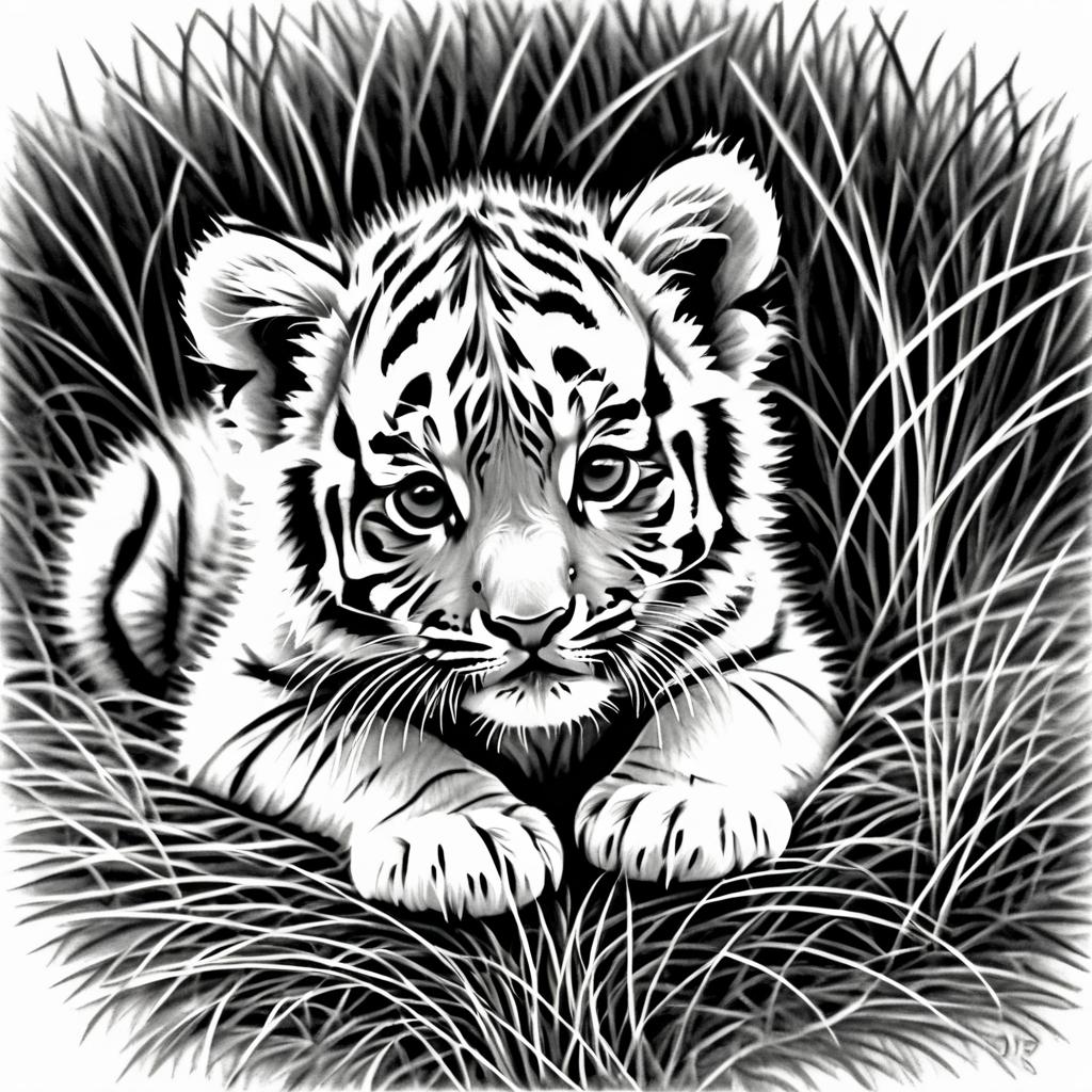 Intricate Sketch of a Tiger Cub