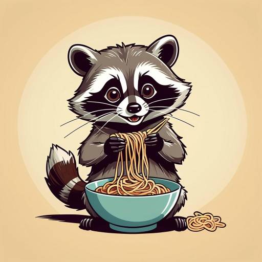 Cartoon Raccoon Enjoying Spaghetti