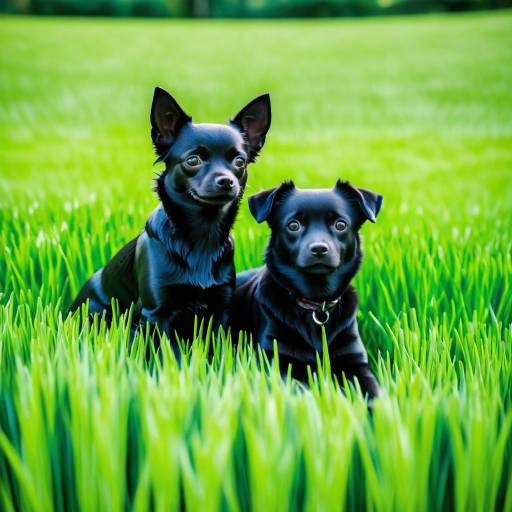 Two Black Dogs Sitting in Green Grass