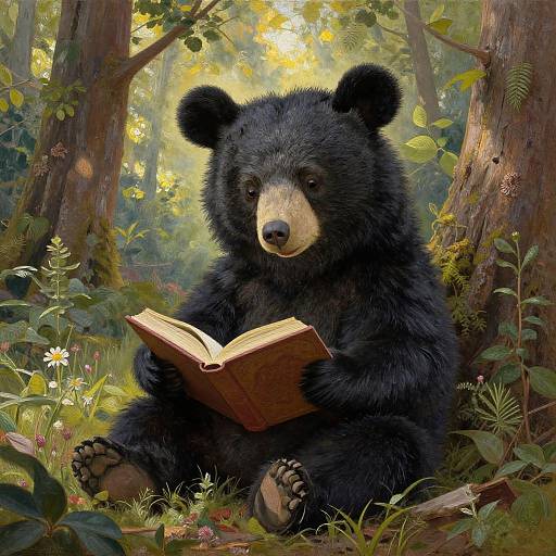 Digital painting of a black bear with fluffy fur, reading an open book in a sunlit forest, surrounded by greenery and sunlight filtering through trees.