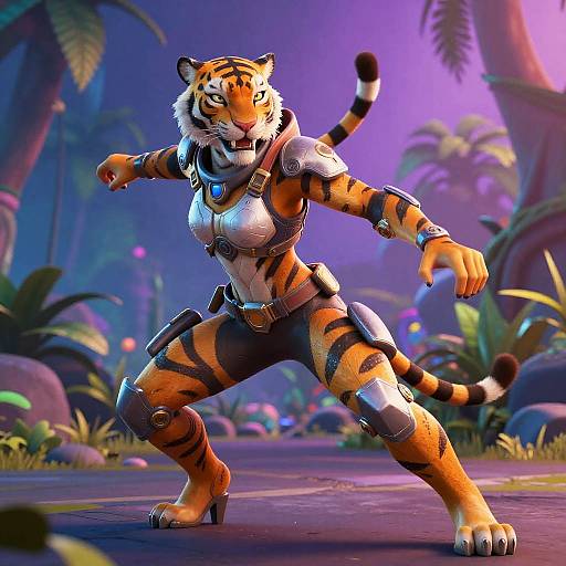 CGI anthropomorphic tiger warrior in a futuristic armor, ready for battle, standing on a neon-lit jungle path with glowing plants.