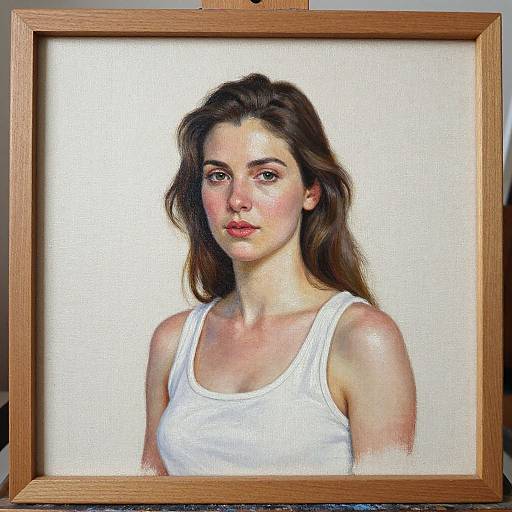 Realistic digital painting of a young woman with fair skin, brown hair, and pink lips, wearing a white tank top, framed in a wooden frame