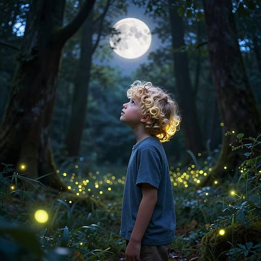 Curly Blonde Boy in Magical Forest at Night