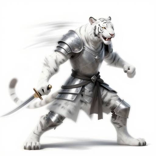 Digital illustration of a fierce white tiger warrior in silver armor, holding a sword, with a determined expression, against a white background.