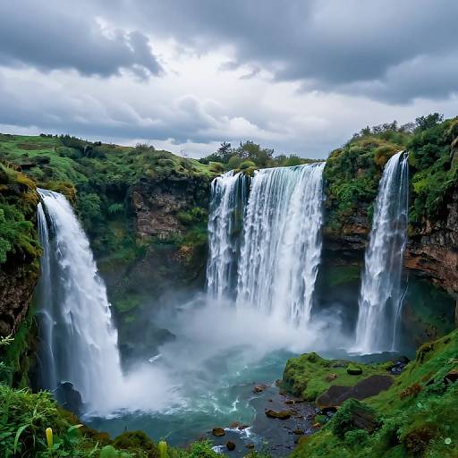 Photograph of a lush, multi-tiered waterfall cascading into a misty pool, surrounded by greenery under a cloudy, overcast sky.