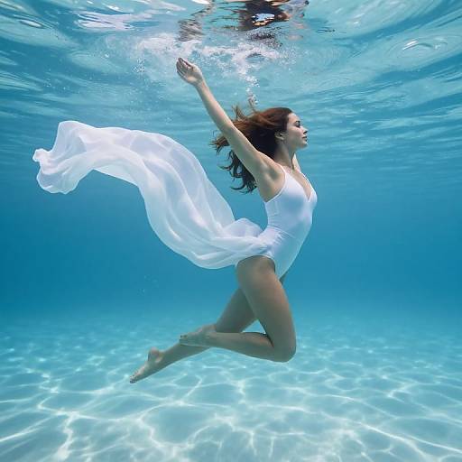 Photograph of a woman with flowing brown hair in a white, semi-transparent swimsuit, gracefully swimming underwater, surrounded by clear blue water and sunlit