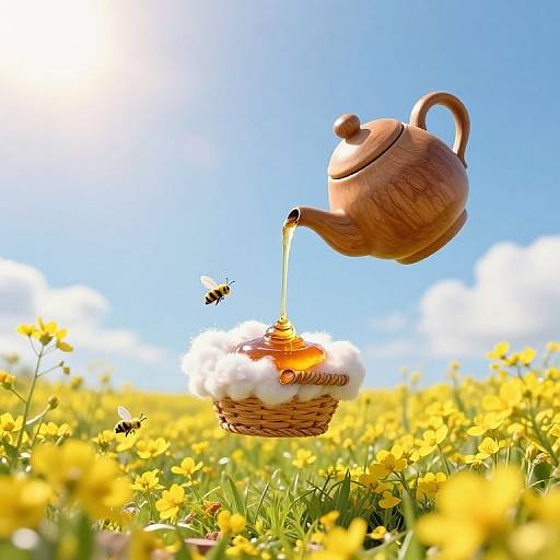 Photograph of a wooden teapot pouring honey onto a wicker basket with white cream and honeycomb in a vibrant yellow field. Two bees hover nearby