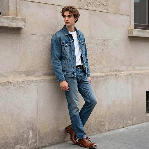Young man in denim outfit leaning on stone wall
