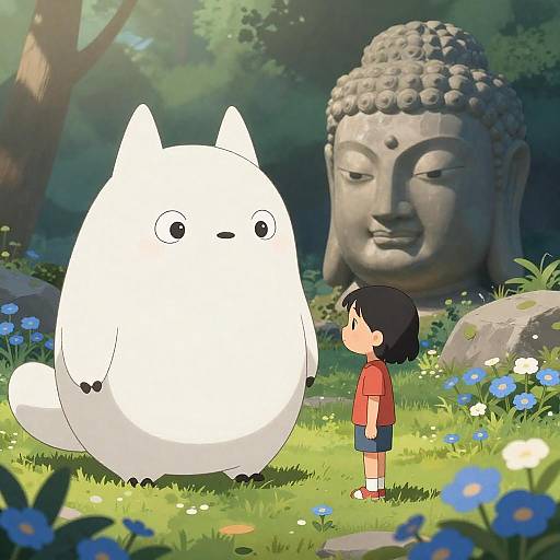 Whimsical Girl and Fluffy Creature Scene