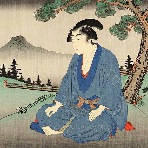 Seated Samurai in Blue Kimono Ukiyo-e