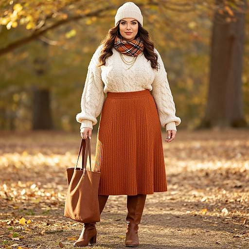 Photograph of a woman in autumn park, wearing white knit sweater, brown plaid scarf, rust pleated skirt, brown boots, and beanie