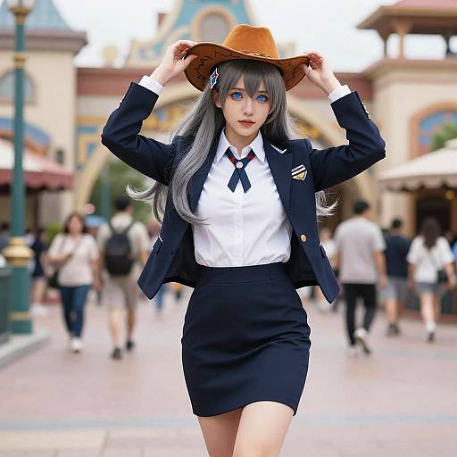 Digital anime-style photograph of a gray-haired woman in a black blazer, white shirt, black skirt, and brown hat, walking in a busy,